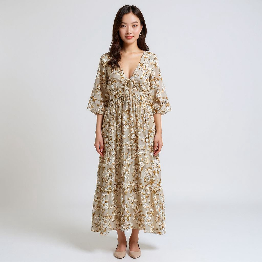 Hemant & Nandita Inara Flocked Lurex Chiffon Long Dress - Medium - See Notes